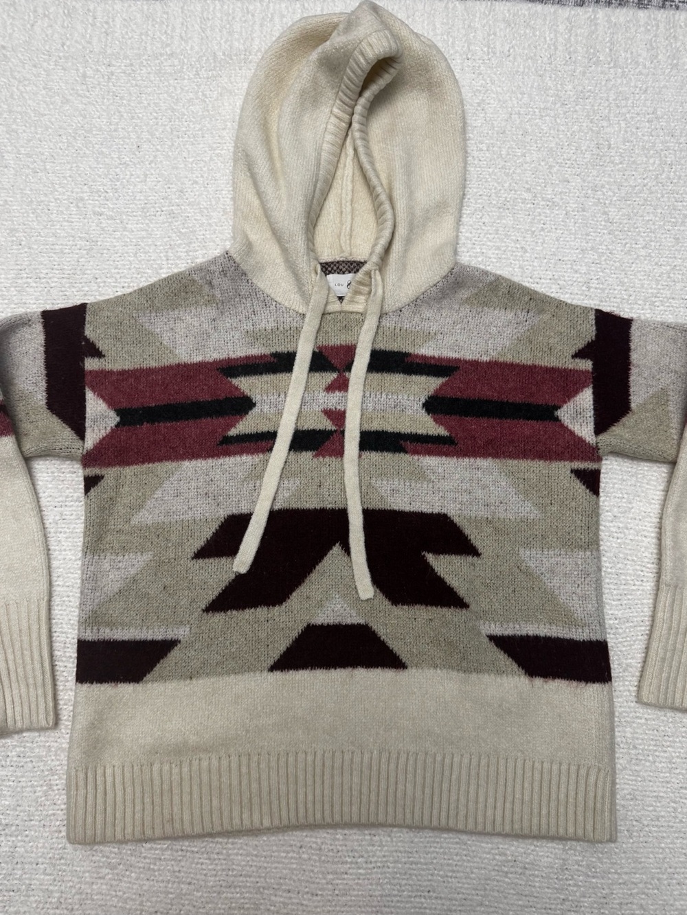 Loft Women Hooded Aztec Knit Sweater in Cream and Burgundy